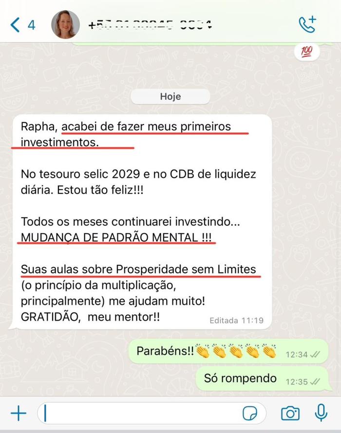 Print de depoimento no WhatsApp